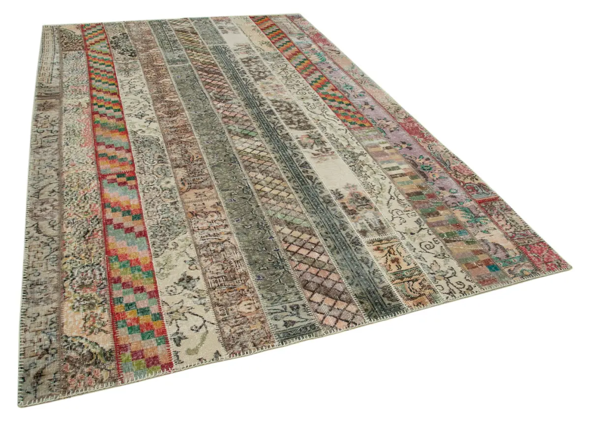 Patchwork Multi Pamuk Üzerine Yün El Dokuma Kilim-201x305 - Görsel 2