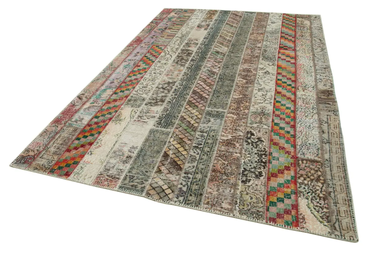 Patchwork Multi Pamuk Üzerine Yün El Dokuma Kilim-201x305 - Görsel 3