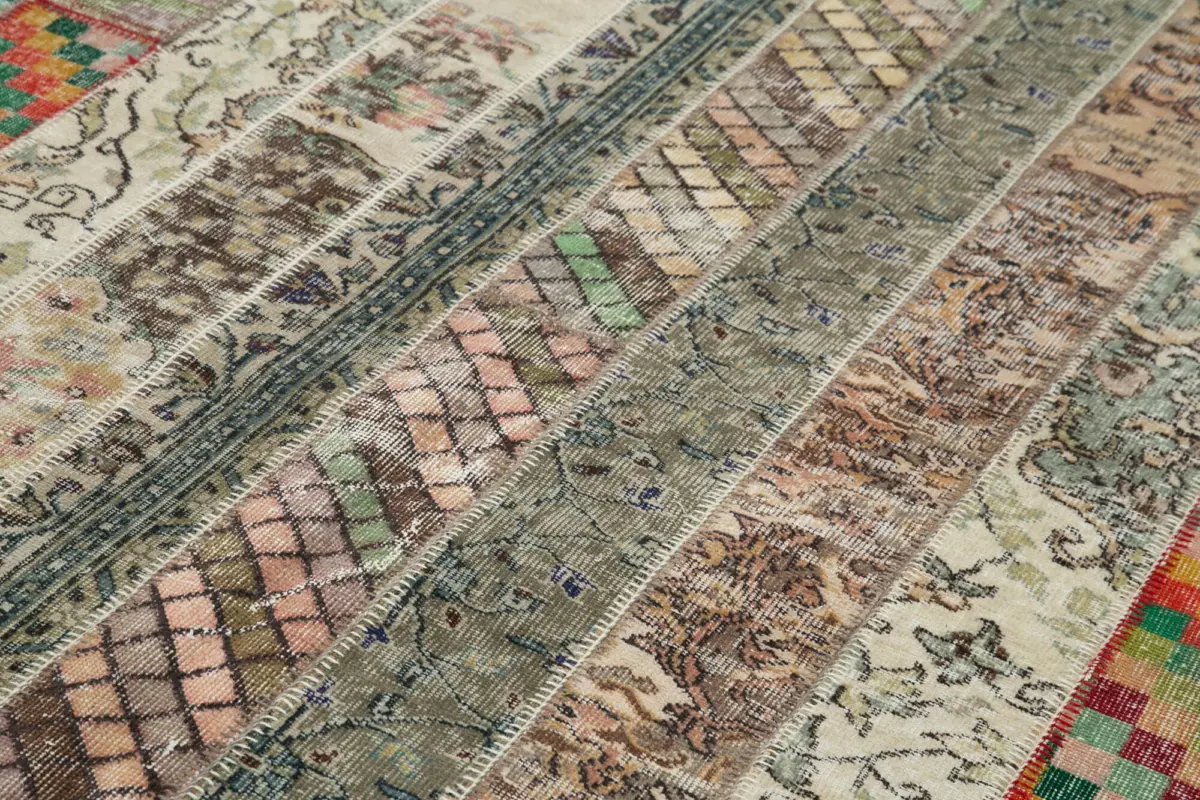 Patchwork Multi Pamuk Üzerine Yün El Dokuma Kilim-201x305 - Görsel 5