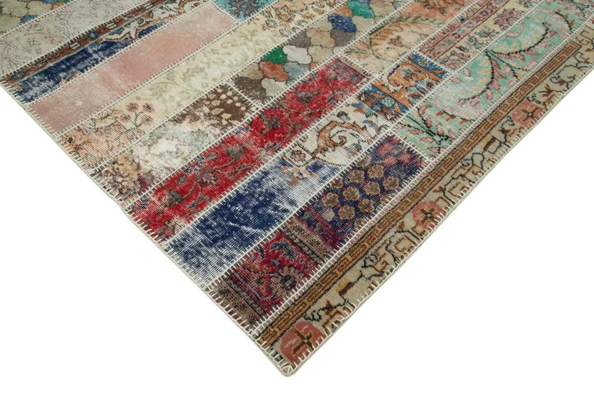 Patchwork Multi Pamuk Üzerine Yün El Dokuma Kilim-206x306 - Görsel 4