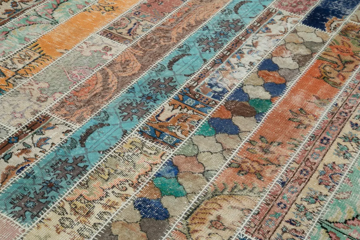 Patchwork Multi Pamuk Üzerine Yün El Dokuma Kilim-206x306 - Görsel 5