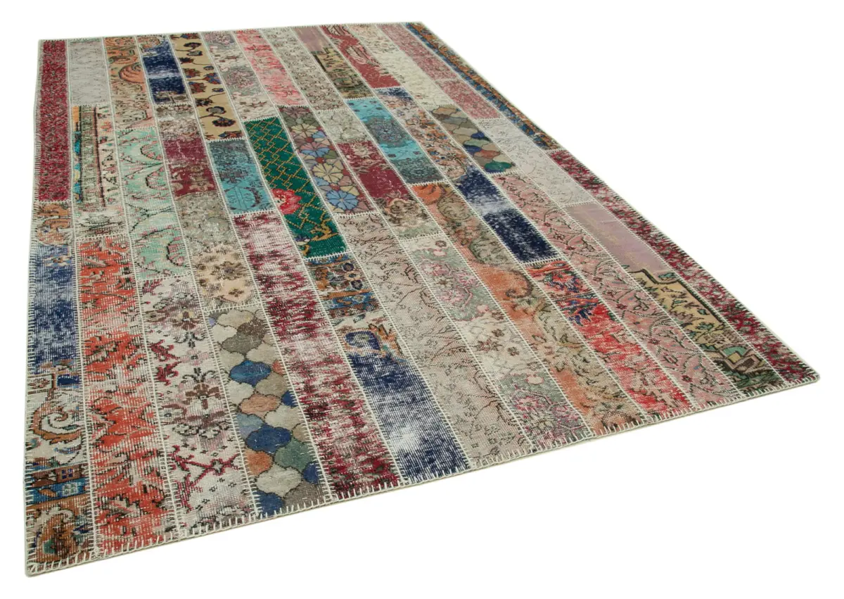 Patchwork Kırmızı Pamuk Üzerine Yün El Dokuma Kilim-203x307 - Görsel 2