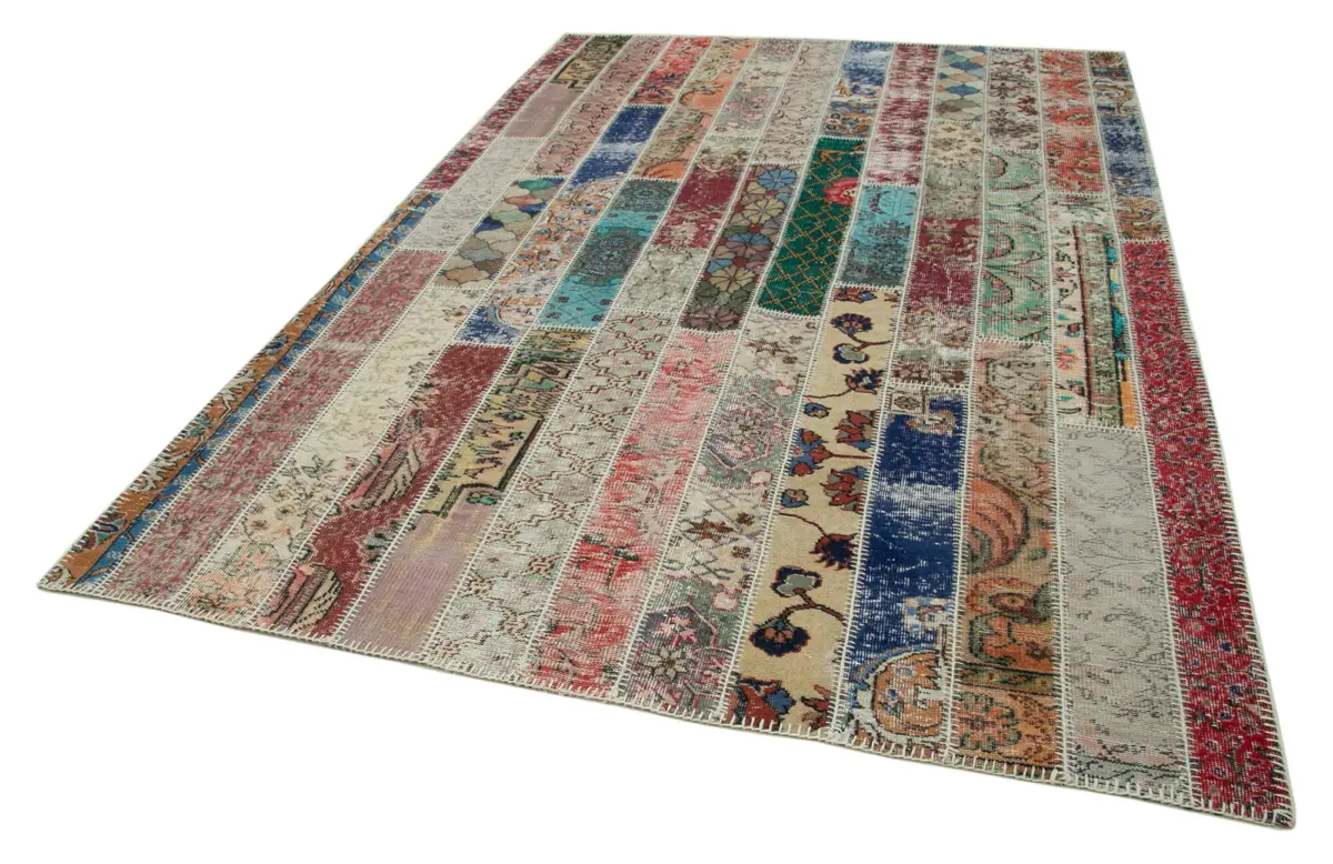 Patchwork Kırmızı Pamuk Üzerine Yün El Dokuma Kilim-203x307 - Görsel 3