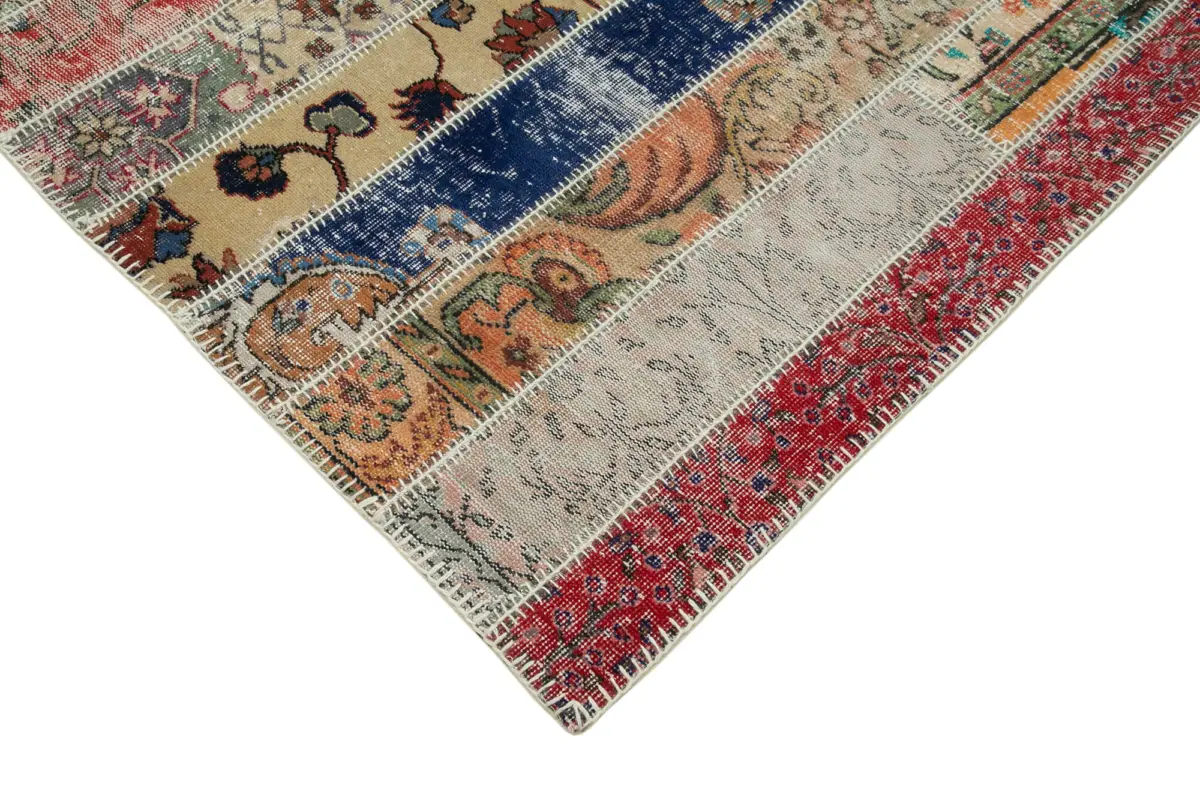 Patchwork Kırmızı Pamuk Üzerine Yün El Dokuma Kilim-203x307 - Görsel 4