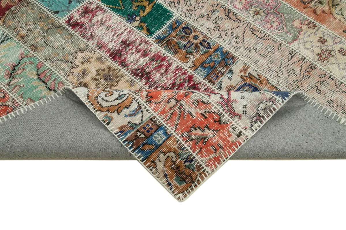 Patchwork Kırmızı Pamuk Üzerine Yün El Dokuma Kilim-203x307 - Görsel 6