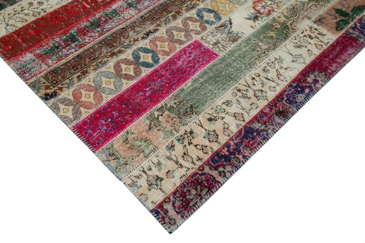Patchwork Multi Pamuk Üzerine Yün El Dokuma Kilim-203x308 - Görsel 4