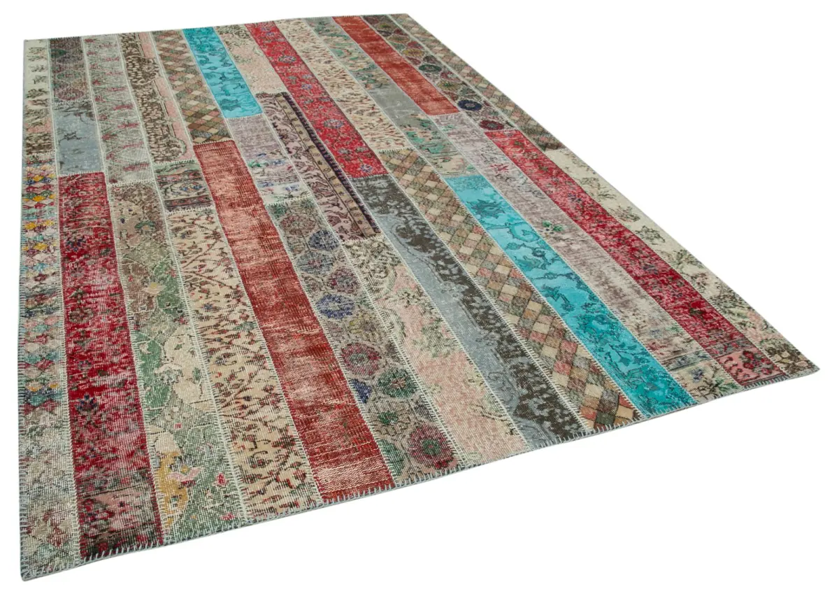 Patchwork Multi Pamuk Üzerine Yün El Dokuma Kilim-204x306 - Görsel 2