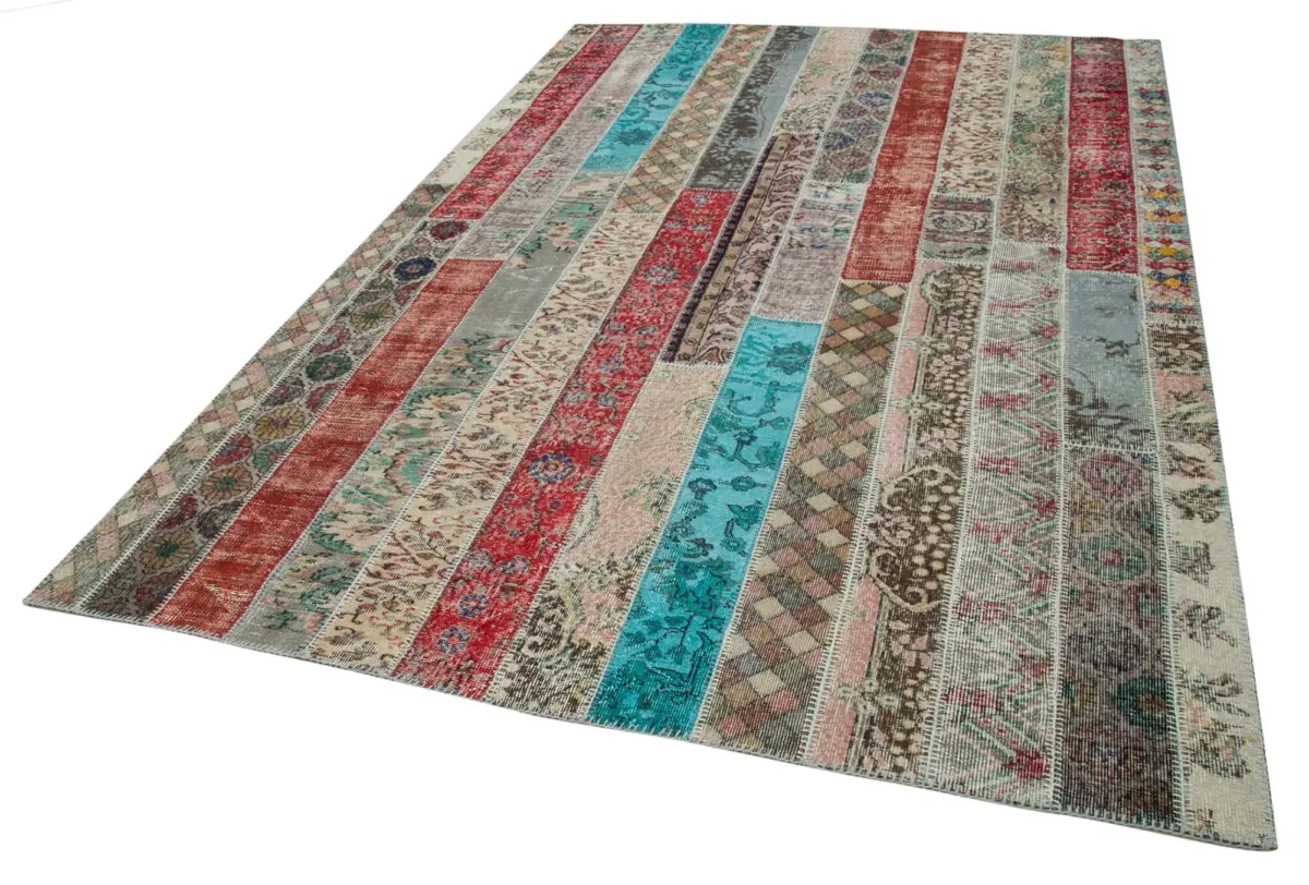 Patchwork Multi Pamuk Üzerine Yün El Dokuma Kilim-204x306 - Görsel 3