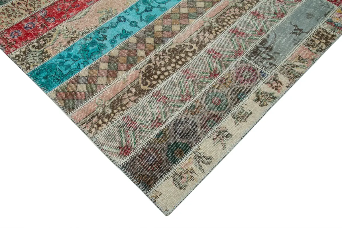 Patchwork Multi Pamuk Üzerine Yün El Dokuma Kilim-204x306 - Görsel 4
