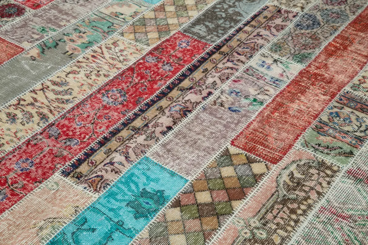 Patchwork Multi Pamuk Üzerine Yün El Dokuma Kilim-204x306 - Görsel 5