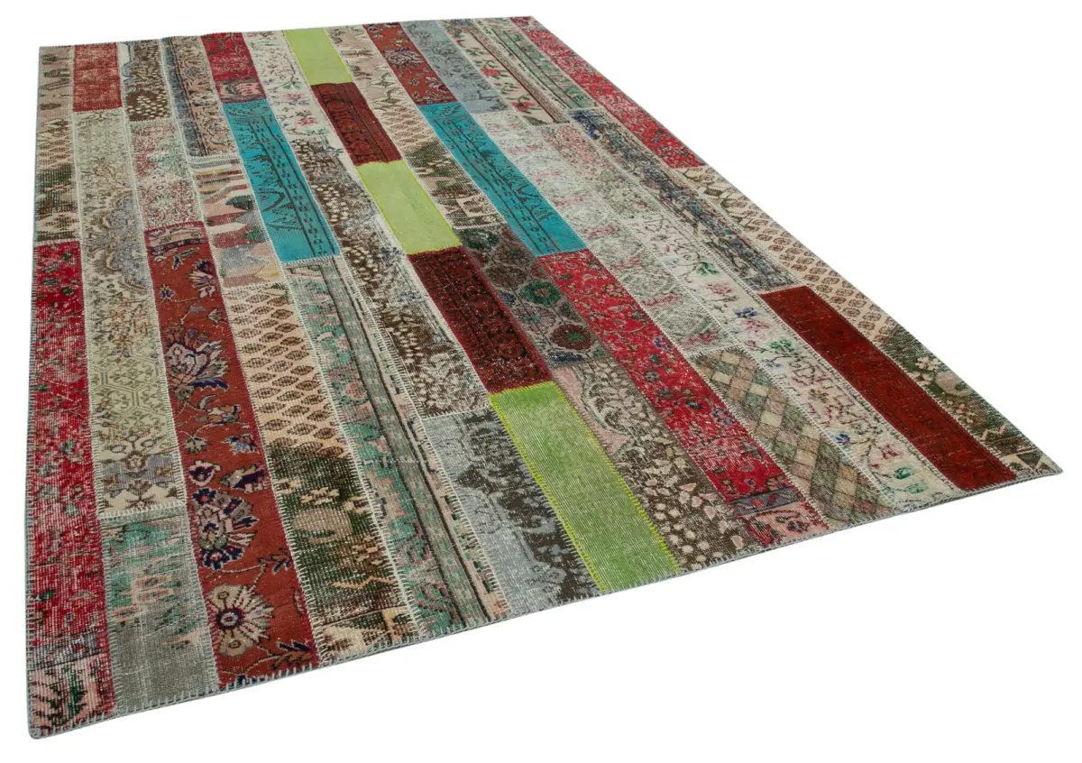 Patchwork Multi Pamuk Üzerine Yün El Dokuma Kilim-203x308 - Görsel 2
