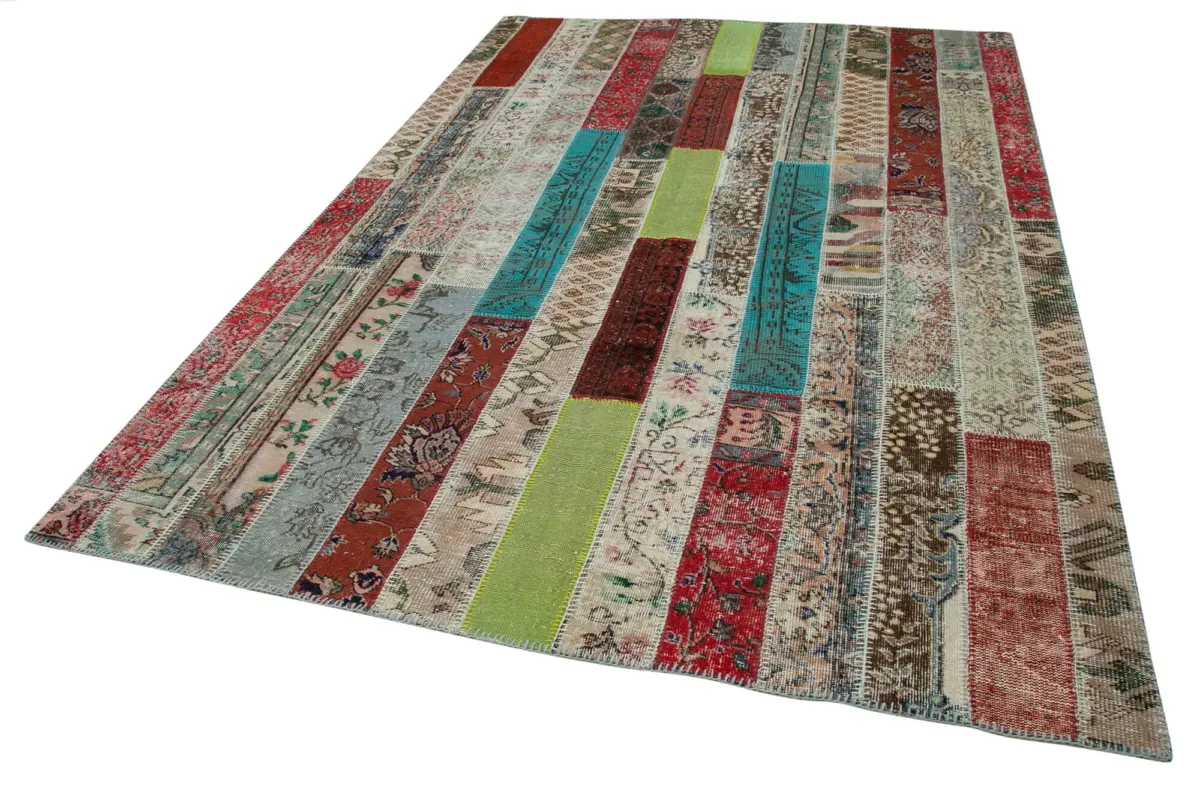 Patchwork Multi Pamuk Üzerine Yün El Dokuma Kilim-203x308 - Görsel 3