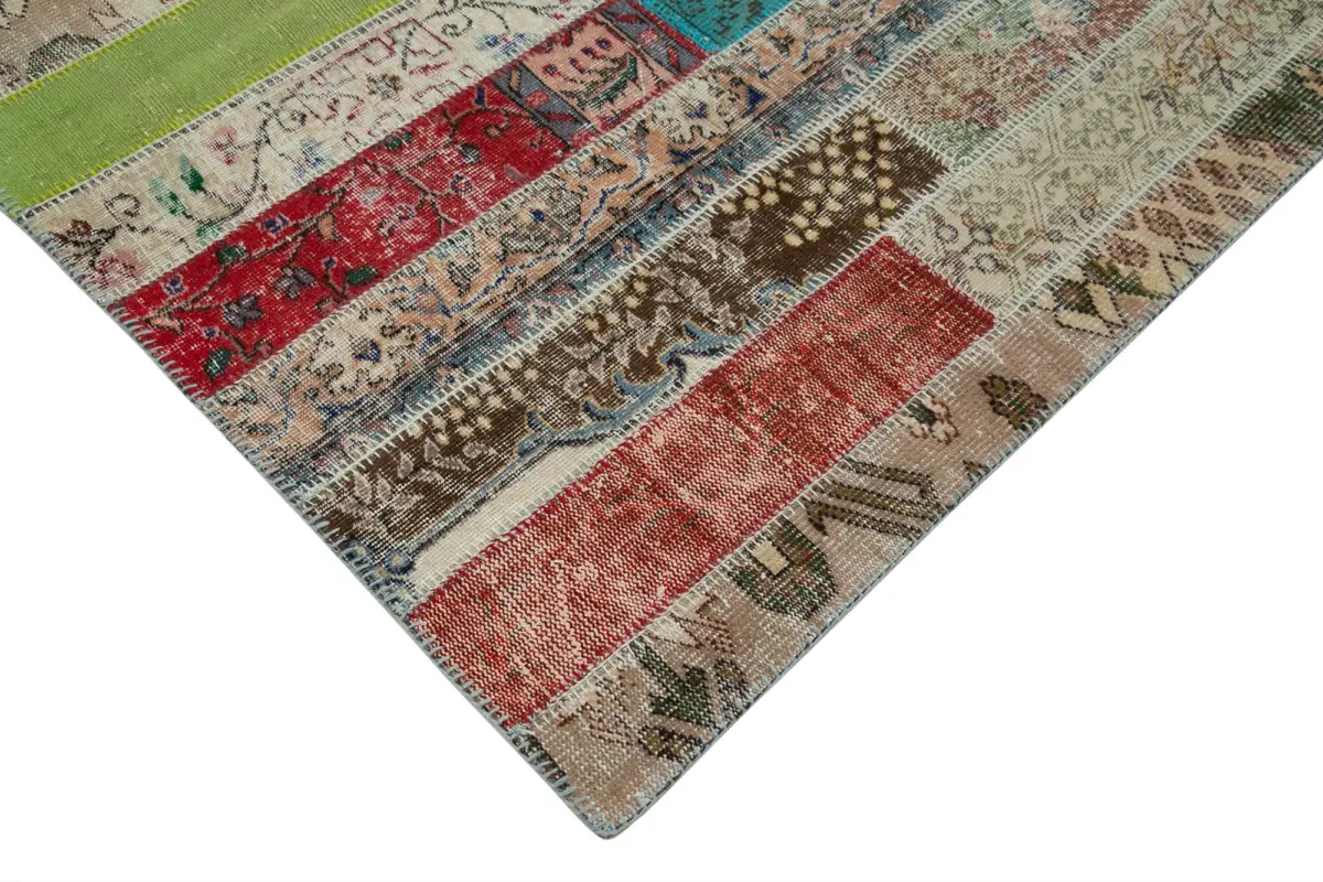 Patchwork Multi Pamuk Üzerine Yün El Dokuma Kilim-203x308 - Görsel 4