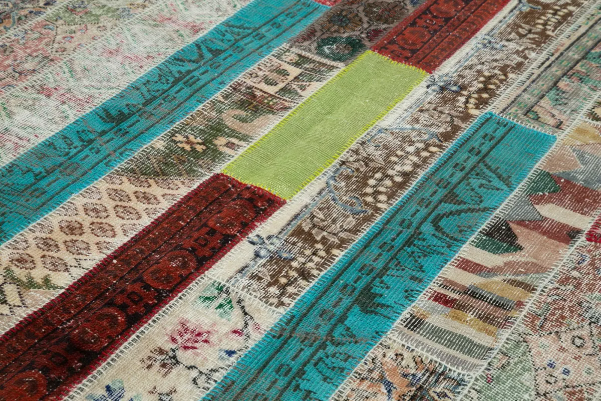 Patchwork Multi Pamuk Üzerine Yün El Dokuma Kilim-203x308 - Görsel 5