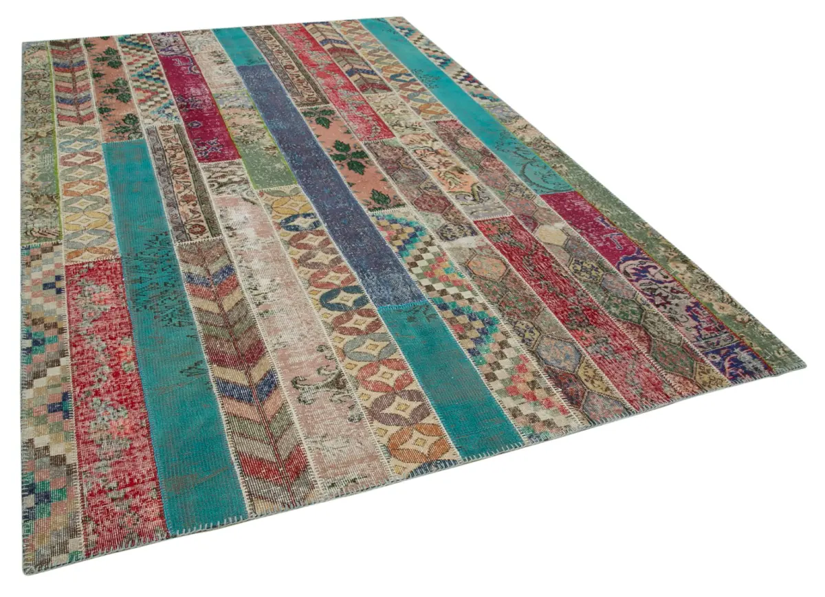 Patchwork Multi Pamuk Üzerine Yün El Dokuma Kilim-204x306 - Görsel 2