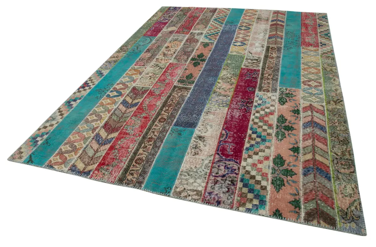 Patchwork Multi Pamuk Üzerine Yün El Dokuma Kilim-204x306 - Görsel 3