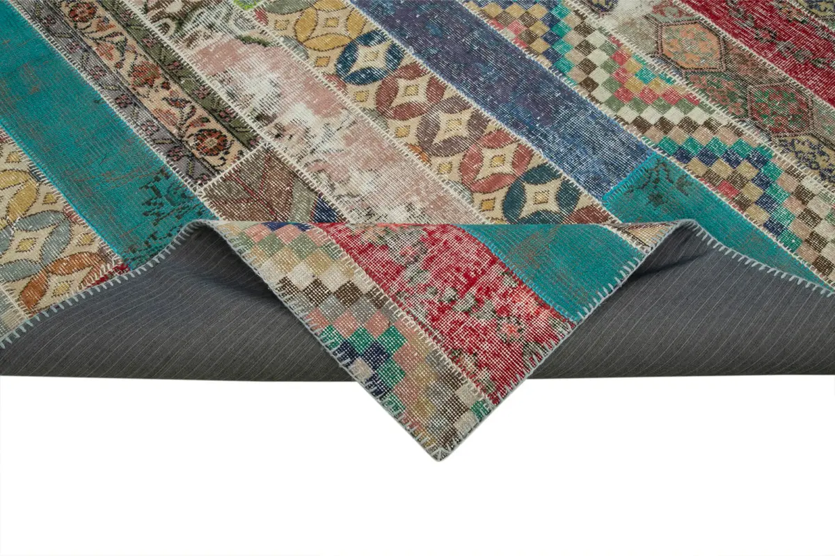 Patchwork Multi Pamuk Üzerine Yün El Dokuma Kilim-204x306 - Görsel 6