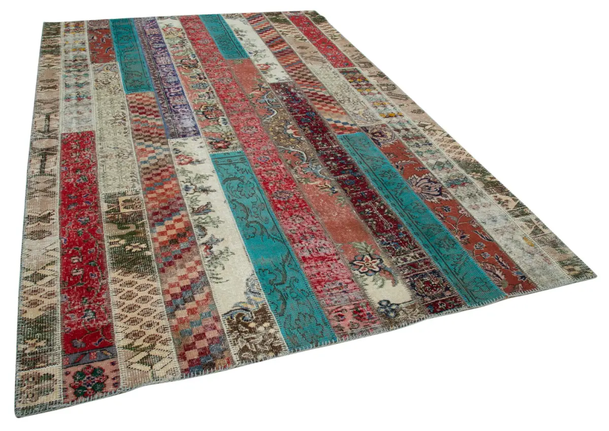 Patchwork Multi Pamuk Üzerine Yün El Dokuma Kilim-204x308 - Görsel 2