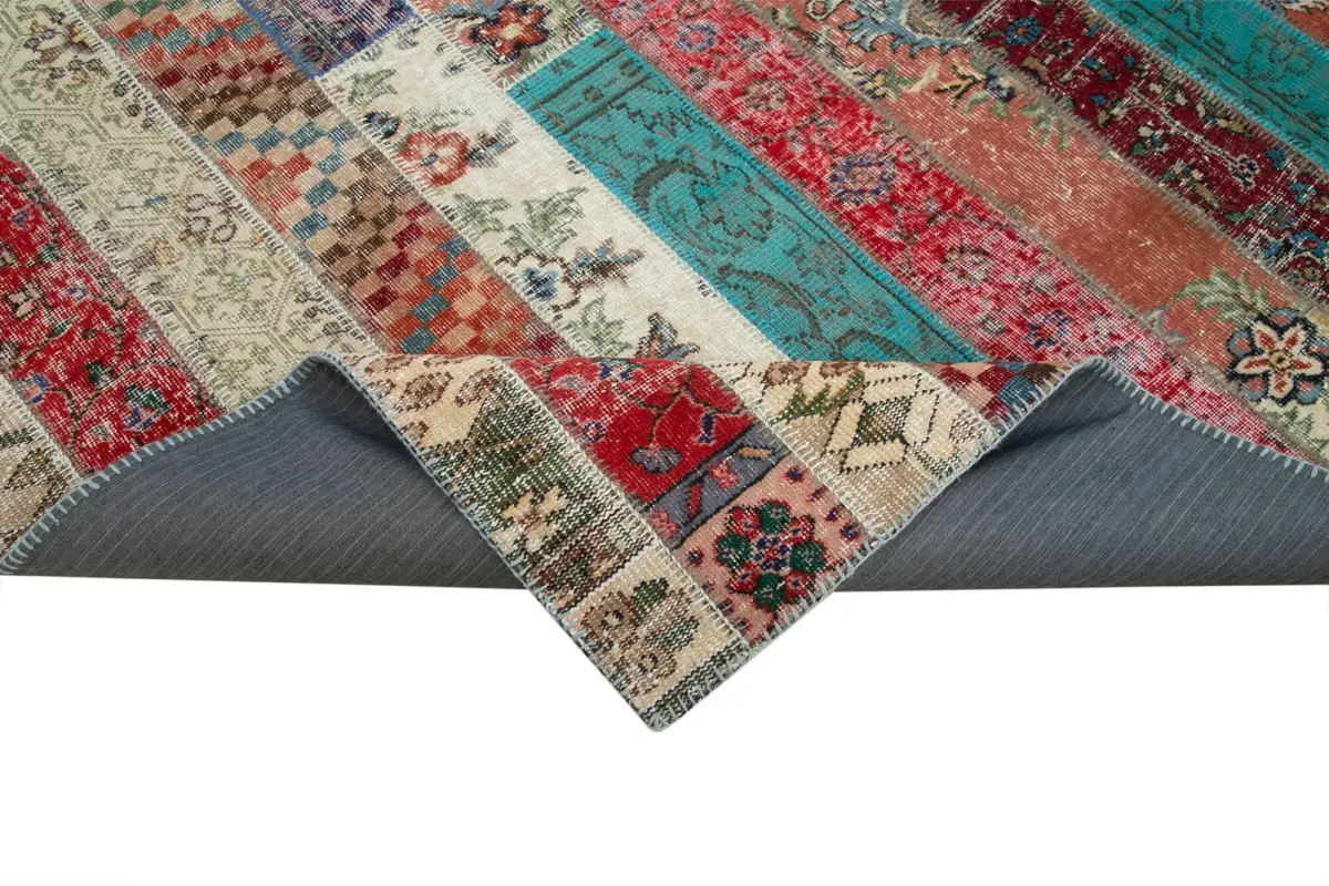Patchwork Multi Pamuk Üzerine Yün El Dokuma Kilim-204x308 - Görsel 6