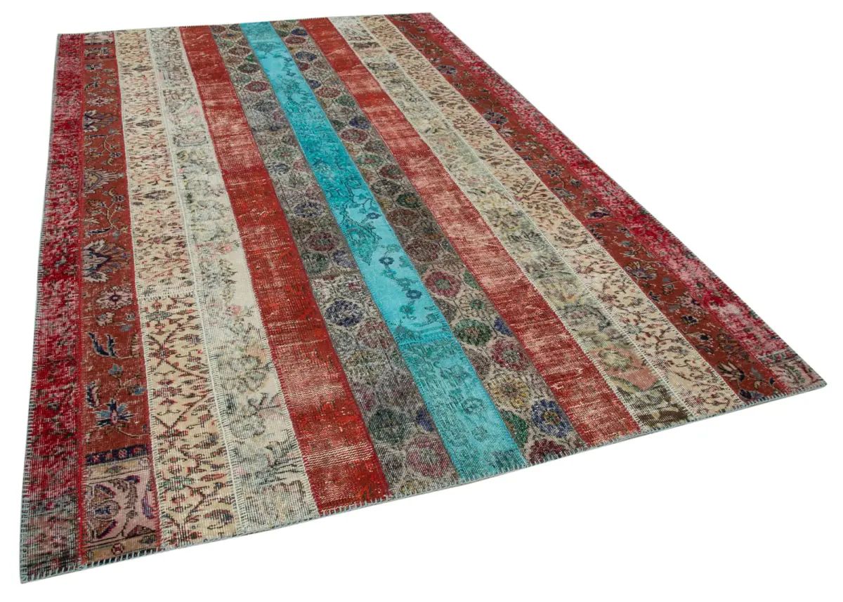 Patchwork Kırmızı Pamuk Üzerine Yün El Dokuma Kilim-204x306 - Görsel 2