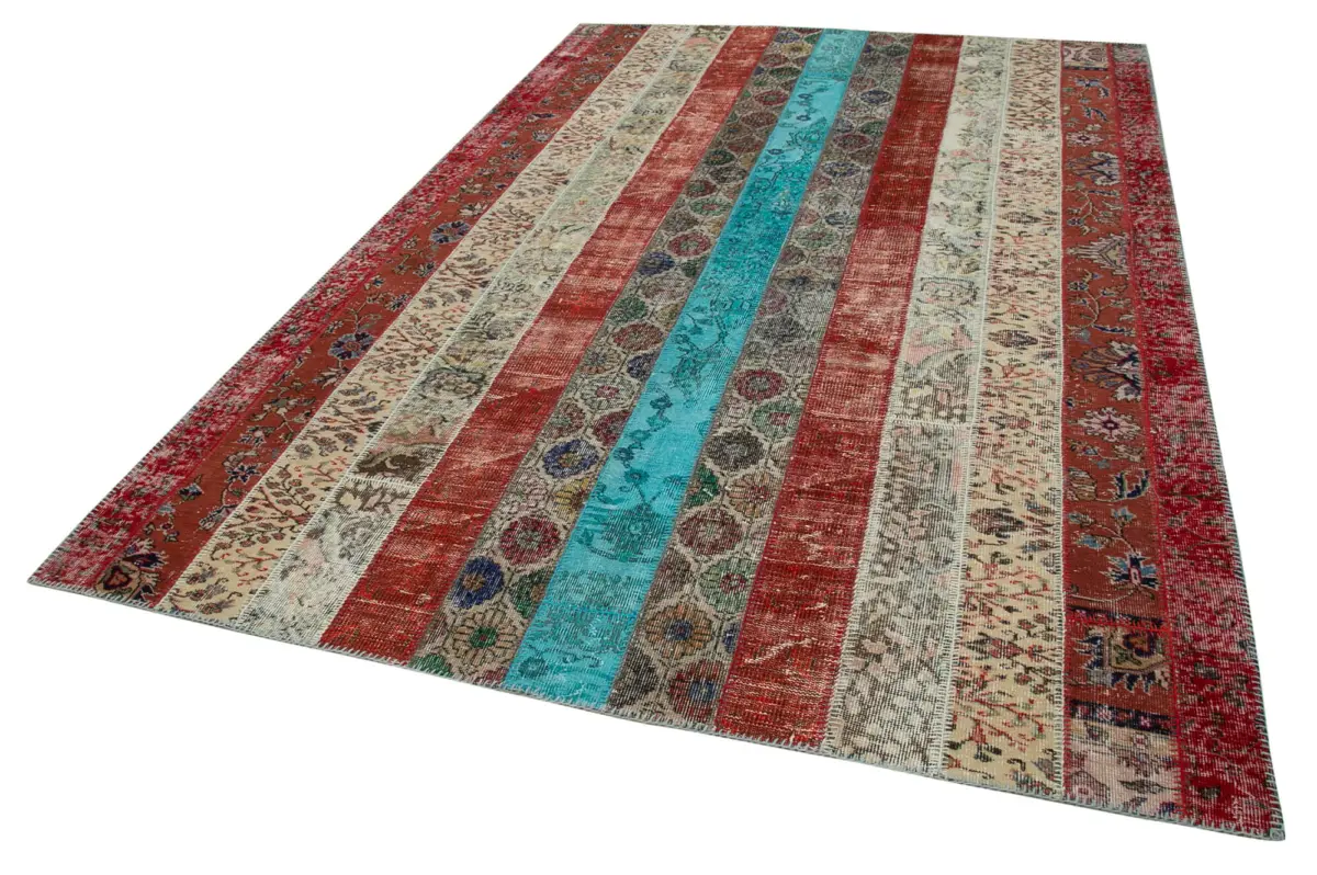 Patchwork Kırmızı Pamuk Üzerine Yün El Dokuma Kilim-204x306 - Görsel 3