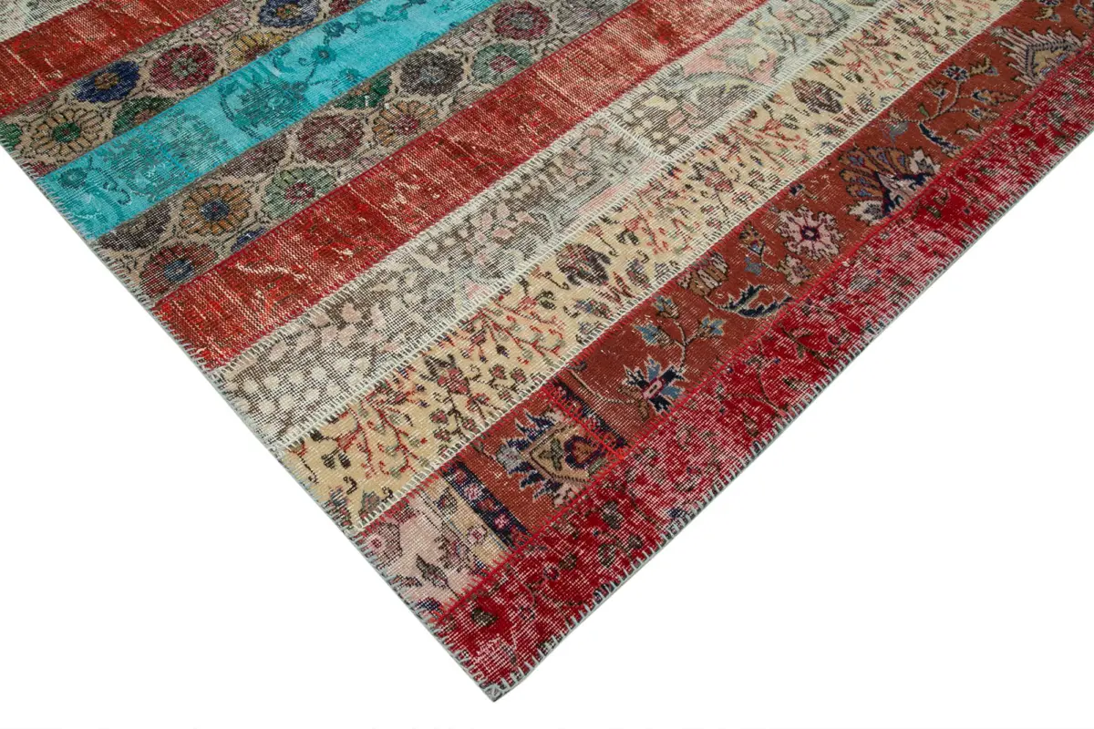 Patchwork Kırmızı Pamuk Üzerine Yün El Dokuma Kilim-204x306 - Görsel 4
