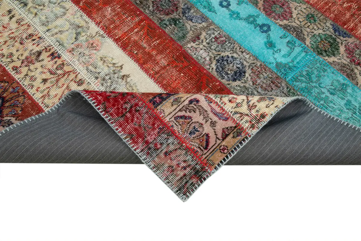 Patchwork Kırmızı Pamuk Üzerine Yün El Dokuma Kilim-204x306 - Görsel 6