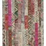Patchwork Kırmızı Pamuk Üzerine Yün El Dokuma Kilim-204x306