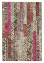 Patchwork Kırmızı Pamuk Üzerine Yün El Dokuma Kilim-204x306