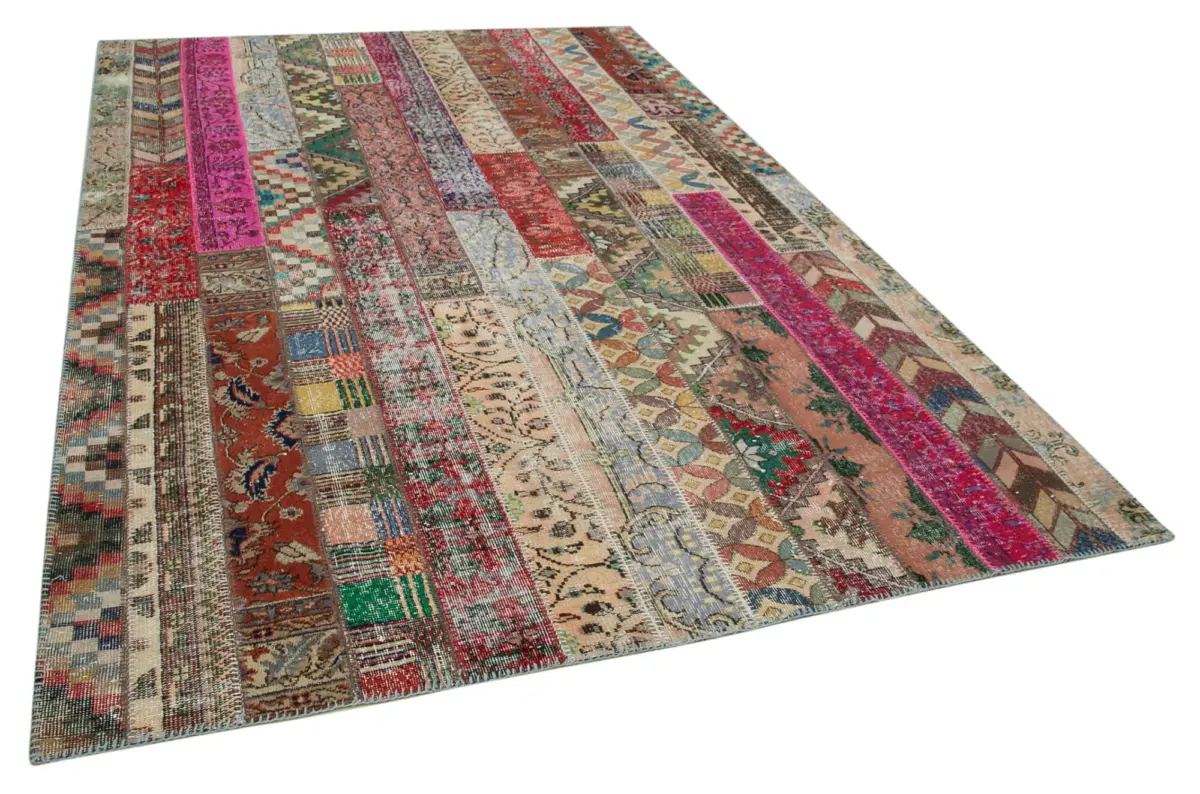 Patchwork Kırmızı Pamuk Üzerine Yün El Dokuma Kilim-204x306 - Görsel 2