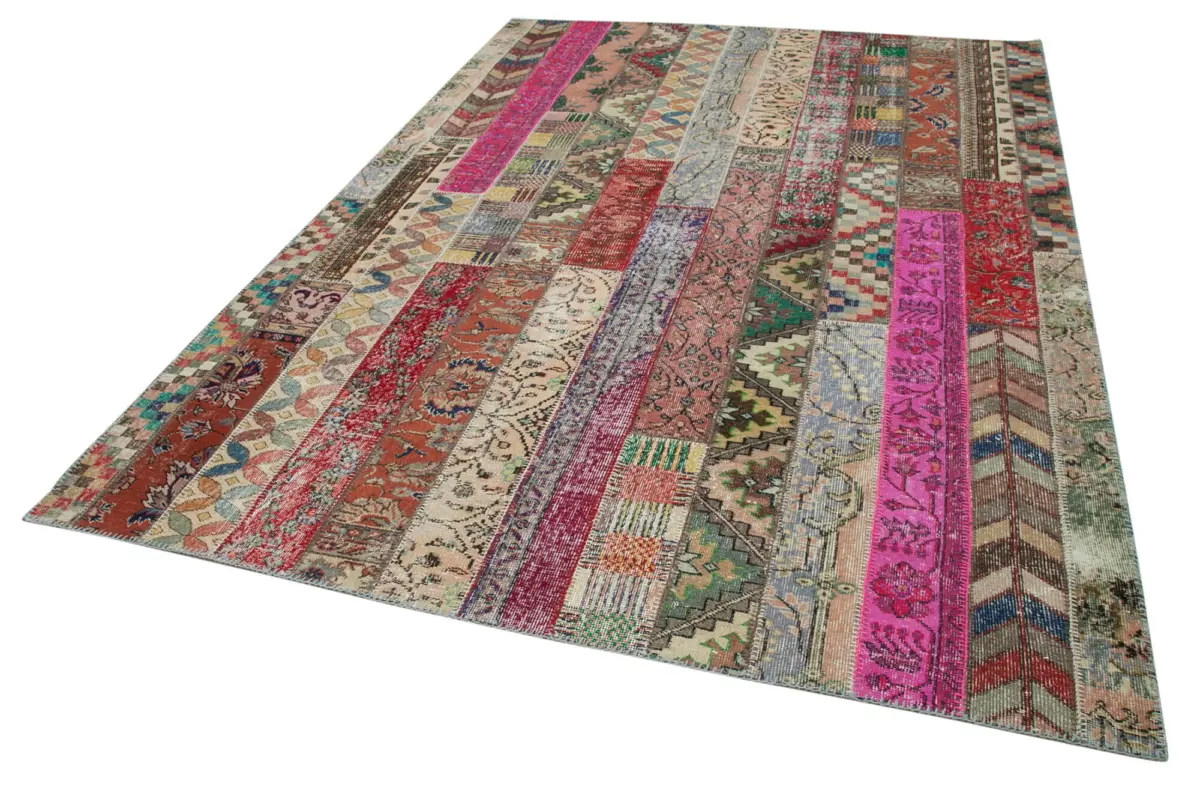 Patchwork Kırmızı Pamuk Üzerine Yün El Dokuma Kilim-204x306 - Görsel 3