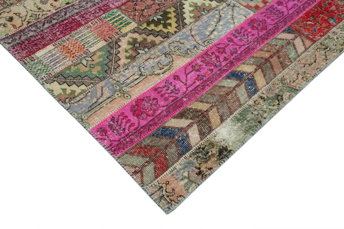 Patchwork Kırmızı Pamuk Üzerine Yün El Dokuma Kilim-204x306 - Görsel 4