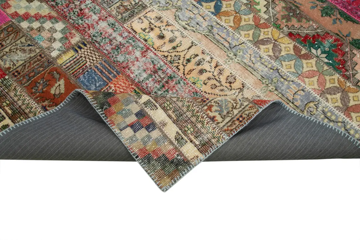 Patchwork Kırmızı Pamuk Üzerine Yün El Dokuma Kilim-204x306 - Görsel 6