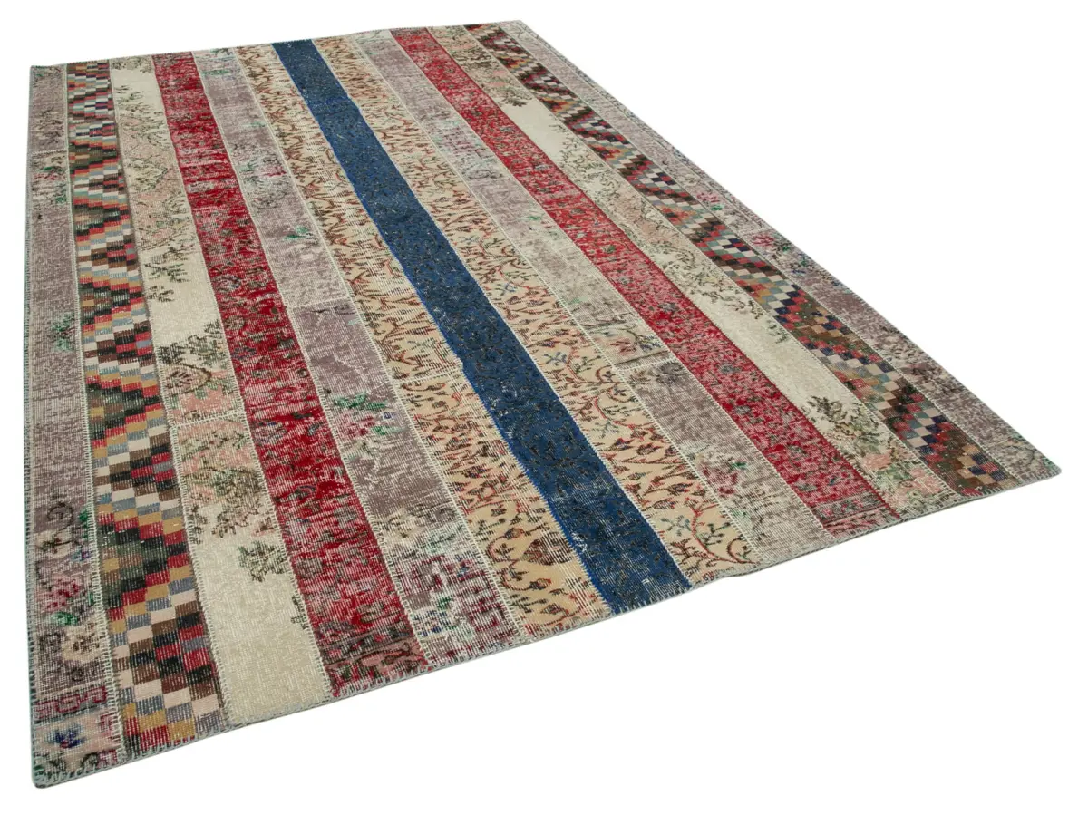 Patchwork Multi Pamuk Üzerine Yün El Dokuma Kilim-203x308 - Görsel 2