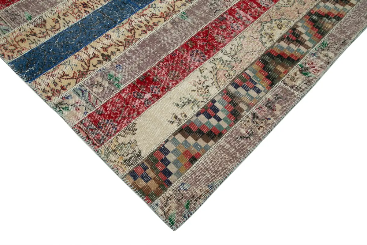 Patchwork Multi Pamuk Üzerine Yün El Dokuma Kilim-203x308 - Görsel 4