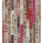 Patchwork Kırmızı Pamuk Üzerine Yün El Dokuma Kilim-205x305