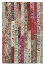 Patchwork Kırmızı Pamuk Üzerine Yün El Dokuma Kilim-205x305