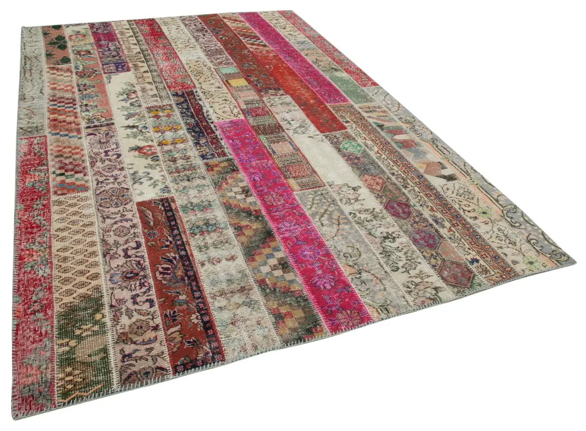 Patchwork Kırmızı Pamuk Üzerine Yün El Dokuma Kilim-205x305 - Görsel 2