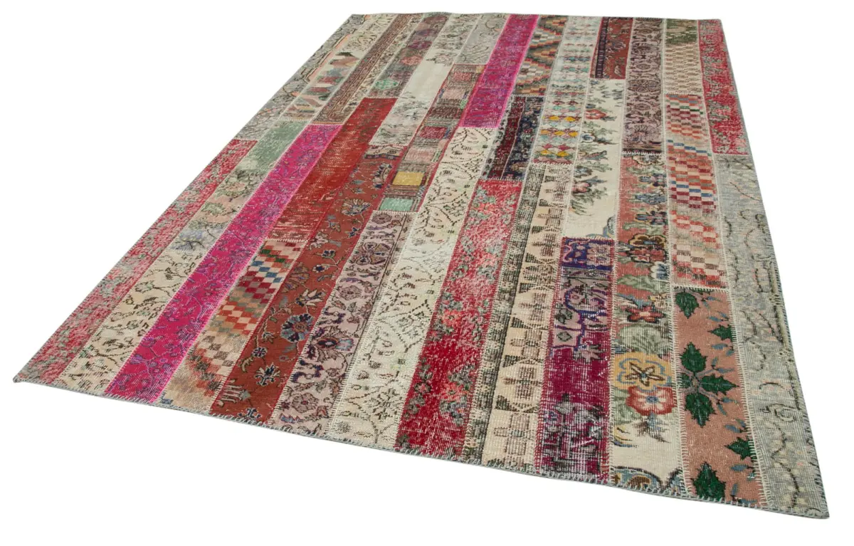 Patchwork Kırmızı Pamuk Üzerine Yün El Dokuma Kilim-205x305 - Görsel 3