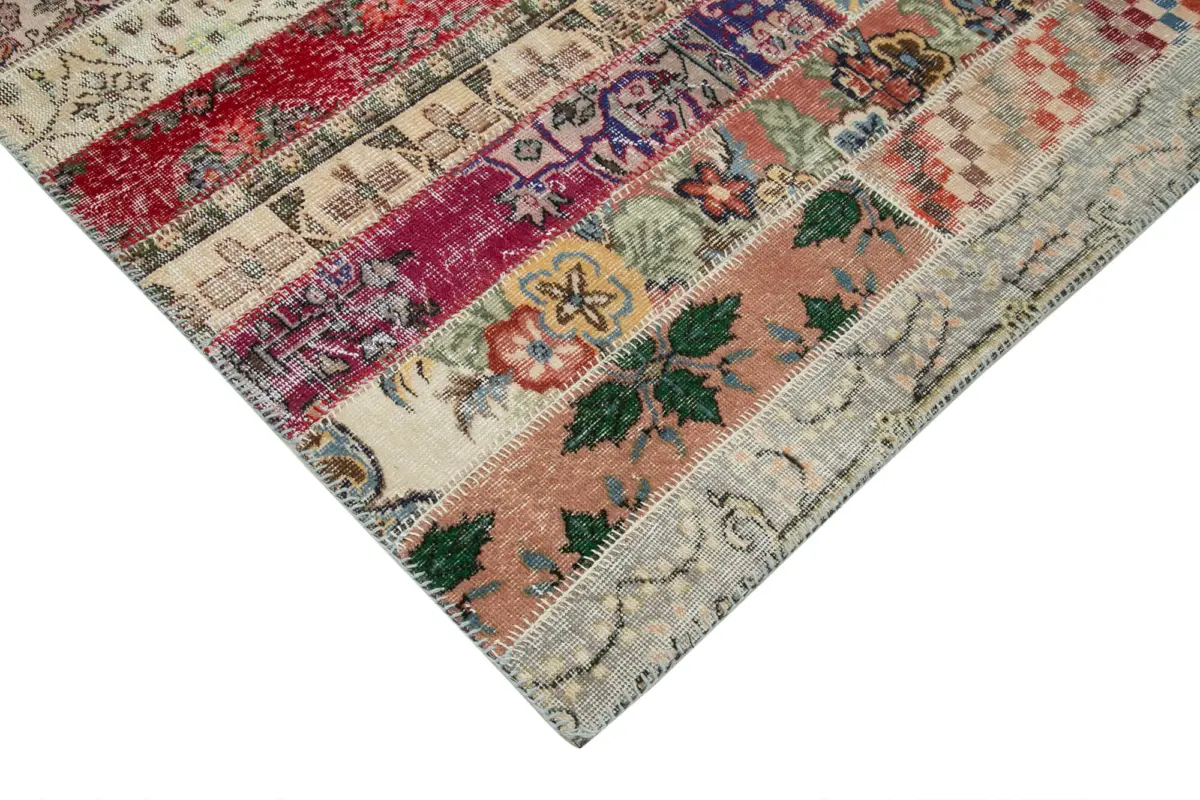 Patchwork Kırmızı Pamuk Üzerine Yün El Dokuma Kilim-205x305 - Görsel 4