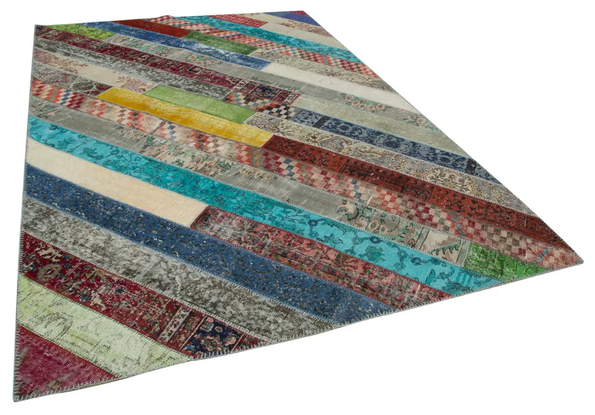 Patchwork Multi Pamuk Üzerine Yün El Dokuma Kilim-204x305 - Görsel 2