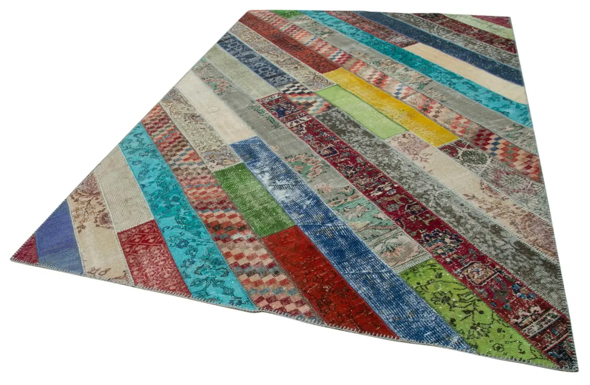 Patchwork Multi Pamuk Üzerine Yün El Dokuma Kilim-204x305 - Görsel 3