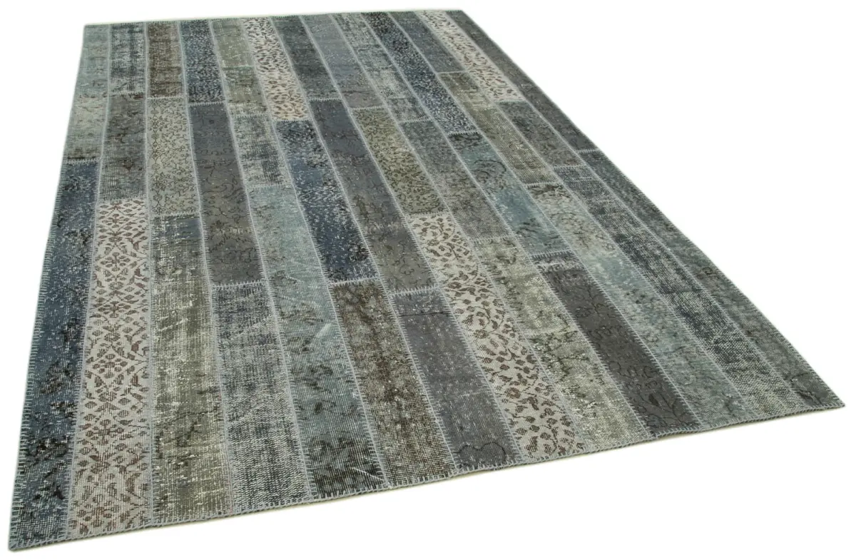 Patchwork Gri Pamuk Üzerine Yün El Dokuma Kilim-203x304 - Görsel 2
