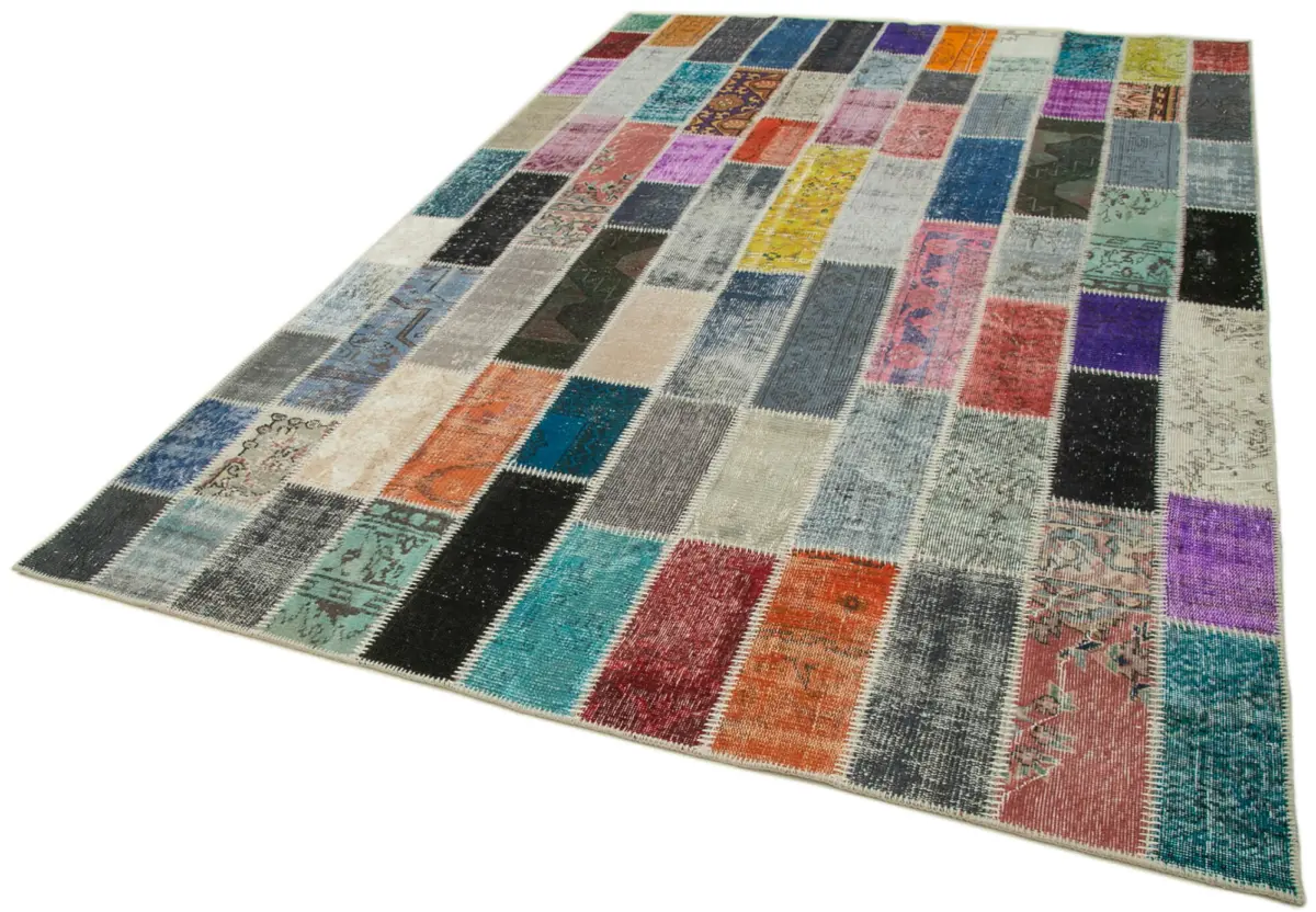 Patchwork Multi Pamuk Üzerine Yün El Dokuma Kilim-206x306 - Görsel 3