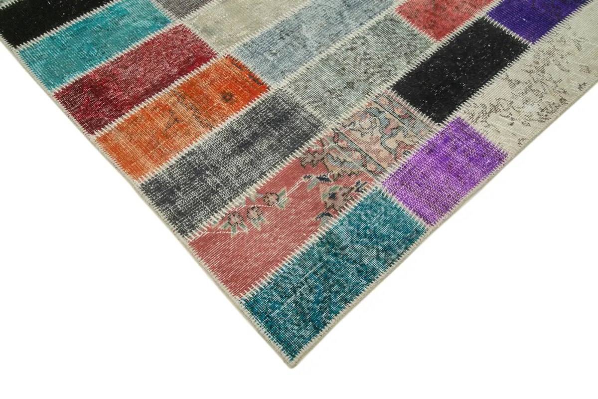 Patchwork Multi Pamuk Üzerine Yün El Dokuma Kilim-206x306 - Görsel 4
