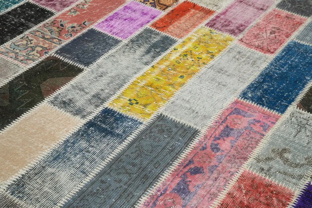 Patchwork Multi Pamuk Üzerine Yün El Dokuma Kilim-206x306 - Görsel 5