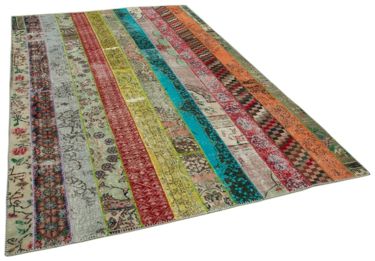Patchwork Multi Pamuk Üzerine Yün El Dokuma Kilim-203x304 - Görsel 2