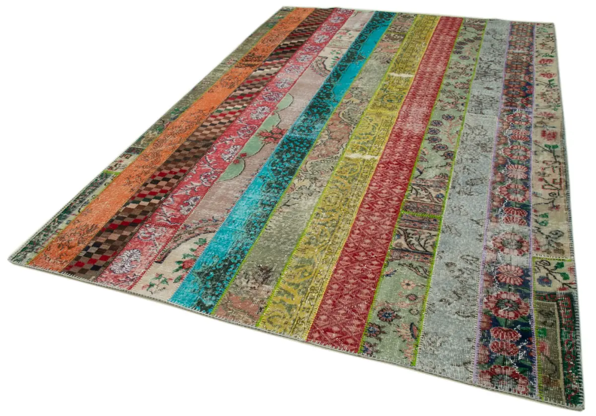 Patchwork Multi Pamuk Üzerine Yün El Dokuma Kilim-203x304 - Görsel 3