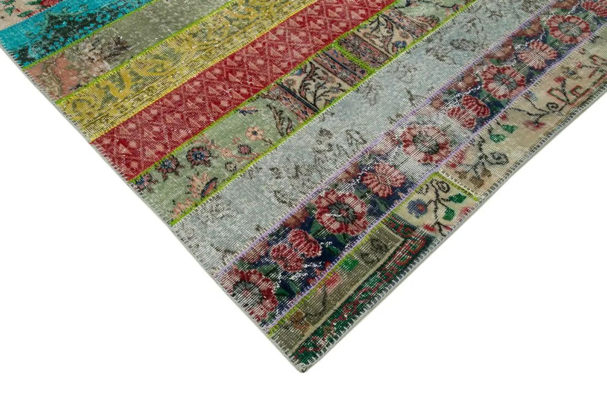Patchwork Multi Pamuk Üzerine Yün El Dokuma Kilim-203x304 - Görsel 4