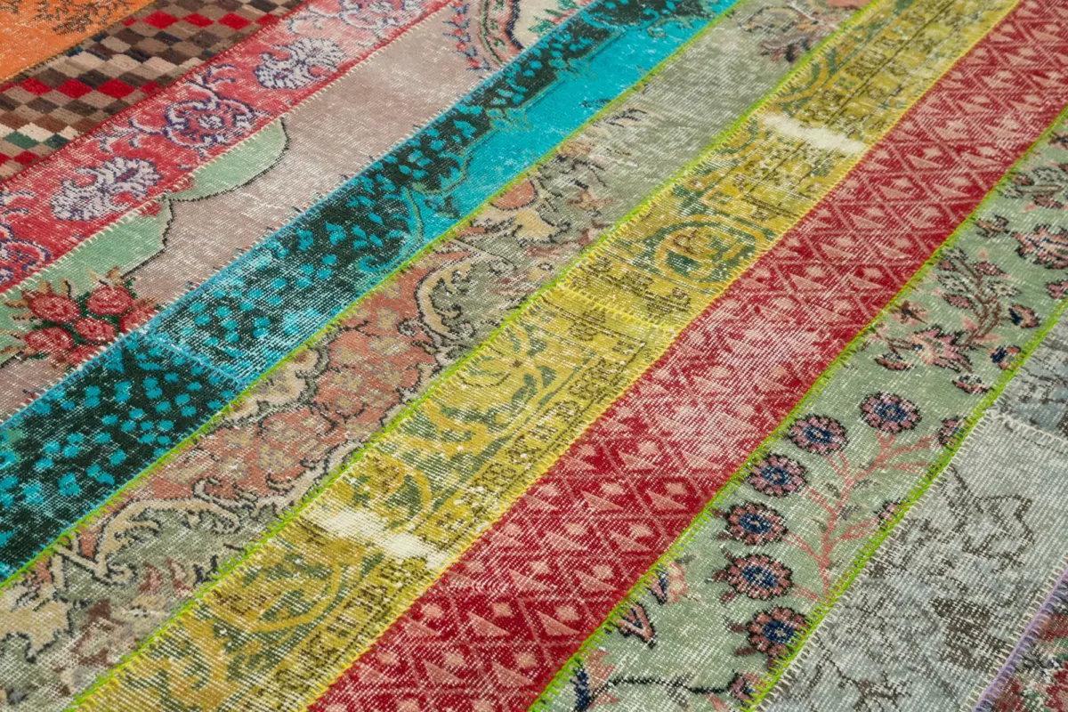 Patchwork Multi Pamuk Üzerine Yün El Dokuma Kilim-203x304 - Görsel 5